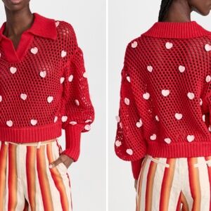 FARM Rio Red Crochet Heart Sweater